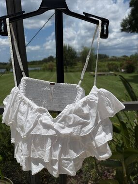 Free People White Ruffle Smocked Crop Tank